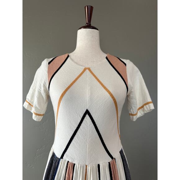 Piper & Scoot Cotton Midi Dress XS India Geometric Boho White Grey Peach - Picture 5 of 13